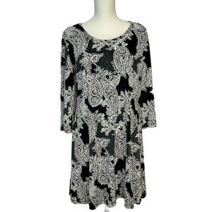 Womens Shift Tunic Dress Size L Pullover 3/4 Sleeve Stretch Paisley Gray Boho